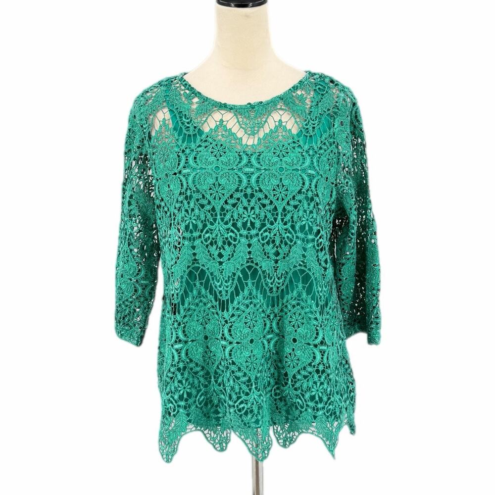 Soft Surroundings NEW PETITE Crochet Lace Green Violette Boho Chic Blouse Top